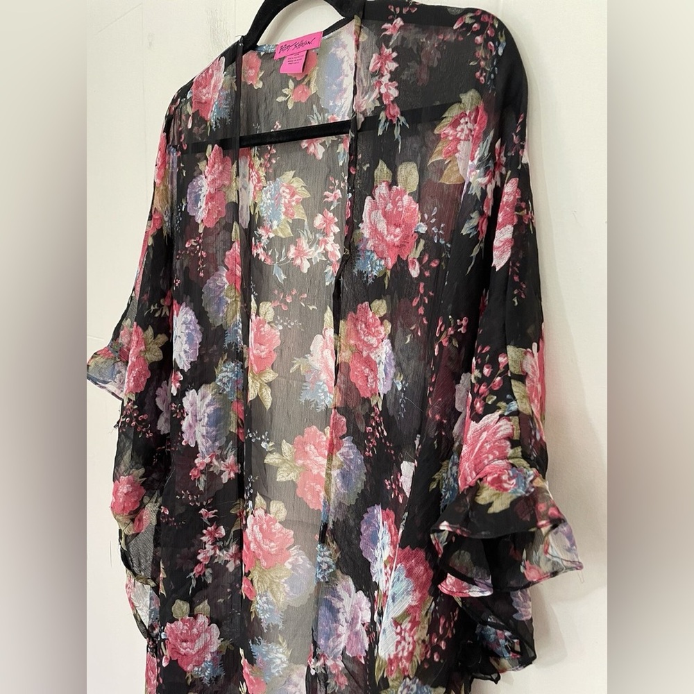Betsey Johnson Floral Sheer Kimono Duster Swim Cover Up Black Pink One Size - Picture 3 of 6